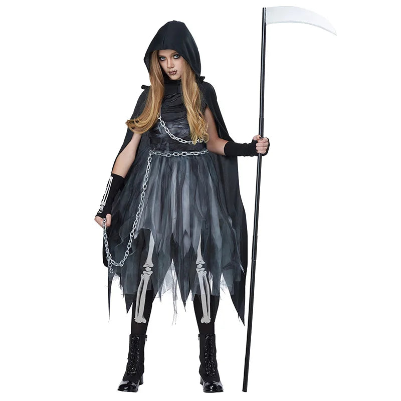 2025 New Arrival Child Girls Dark Skeleton Grim Reaper Halloween Fancy Dress Soul Taker Costume for Kids