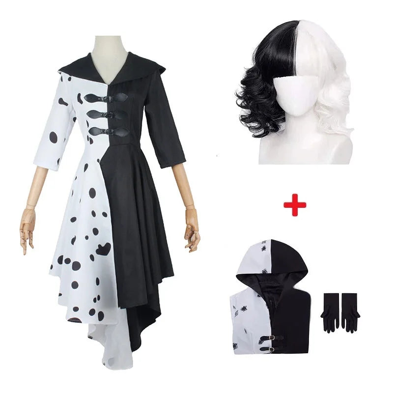 Adults Black White Witch Deville Cosplay Costume Dress for Women with Glove Halloween Party Cos Suits