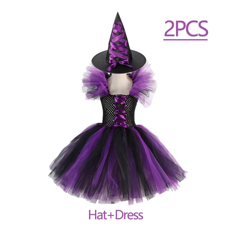 Girls Witch Halloween Costume 3 Color Tulle Tutu Dress With Pointed Hat Kids Carnival Party Cosplay Fancy Dress